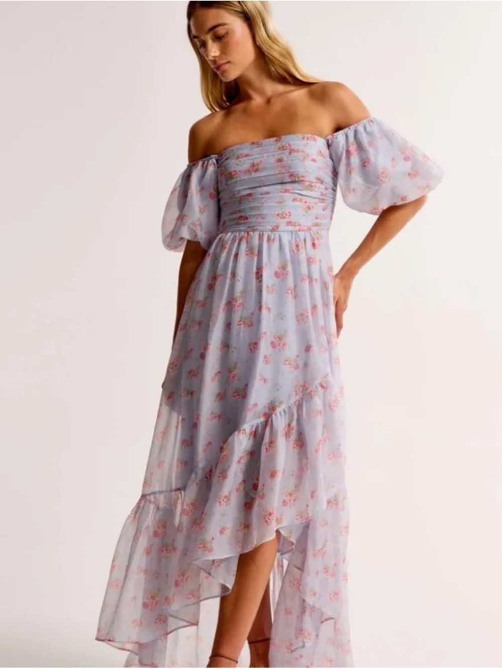 Abercrombie & Fitch Light Blue Floral Off-Shoulder High-Low Dress